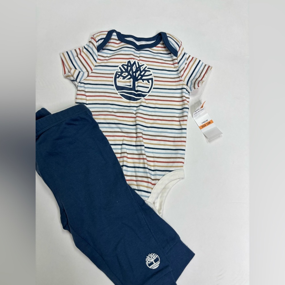 Baby Boy Timberland Blue and White Striped 2 Piece Set Size 12M
